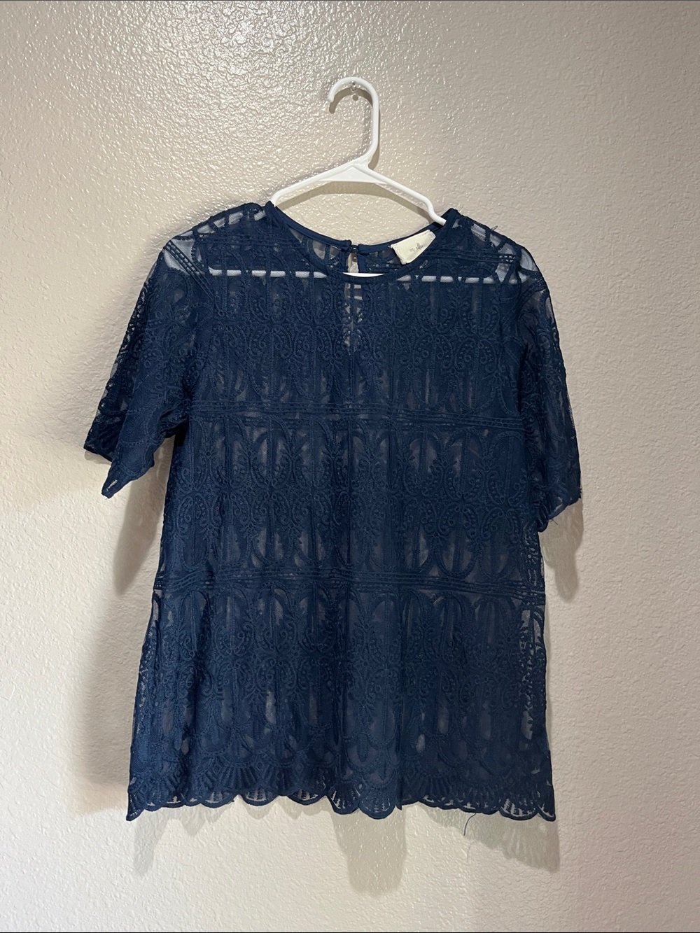 en elle Navy Lace Short Sleeve Blouse Sz 8 Layered  Cottage Core boho TC0248